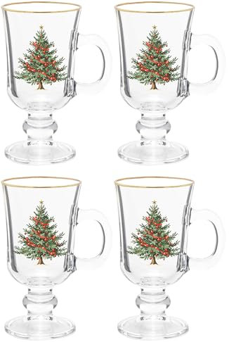 Red Co. Set of 4 Clear Glass 8 Fl Oz Christmas Tree Drinking Tumblers with Gold Rim – Irish Coffee Mug