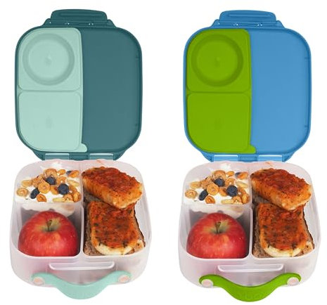 b.box Mini-Lunchbox, auslaufsicher, Bento-Box für Kinder, 3 Fächer, Snackbehälter ab 3 Jahren, Lunchbox für Kindertagesstätte + Schule, spülmaschinenfest, BPA-frei, PFAS-frei, 4,25 Tassen, Blau + Grün