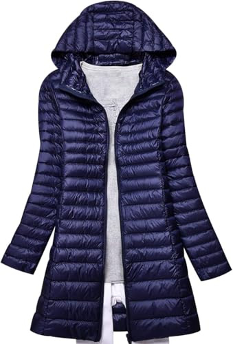Chukamalilayi Veste en duvet légère pour femme - Doudoune longue et compressible avec capuche - Imperméable - Compressible - Plume en duvet, bleu marine, XL