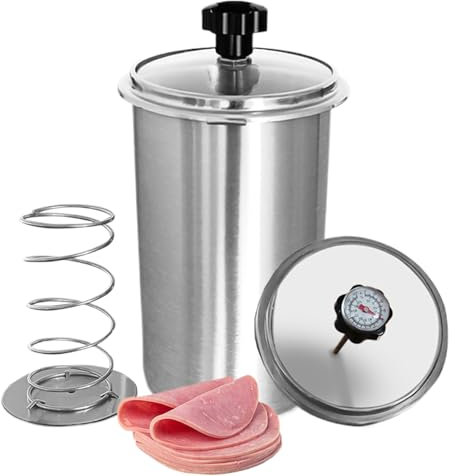 Macchina per prosciutto in Acciaio Inossidabile, pentola per Carne con termometro, Vetro visivo/Grande capacità 1,5 Litri, Facile da Pulire, pressa per Carne di Forma Rotonda, per preparare Carne