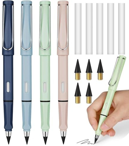 Ewiger Bleistift 4 Stück Unendlicher Bleistift mit Radiergummi, Metall Tintenlose Bleistifte mit Wechselkopfm, Klares und Flüssiges Schreiben für Kinder und Erwachsene zum Schreiben, Zeichnen, Schule