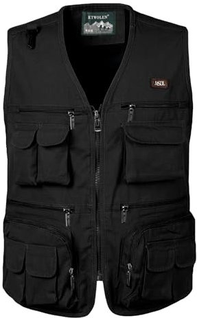 KTWOLEN Herren Angelwesten Sommer Outdoor Weste mit Vielen Taschen Fotografie Anglerweste Arbeitsweste Safari Weste Jagd und Fischer Weste, Schwarz, XXL