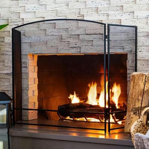 Matte Black 3-Panels Fireplace Screen, Simple Steel Mesh Fireplace Cover, Chimney Fire Spark Guard Grate, Modern Simple Design Fireplace Gate