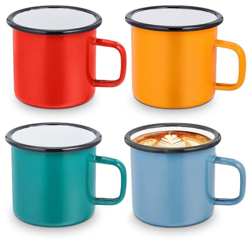 Juego de 4 tazas esmaltadas: 350 ml, reutilizables, vasos esmaltados con asa, tazas de café rojas, azules, verdes, amarillas, portátiles, para camping, oficina, casa, fiesta