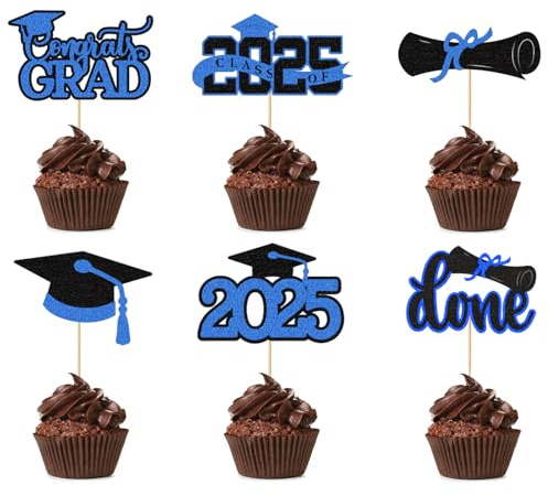 Lot de 24 décorations de cupcakes à paillettes pour remise de diplôme 2025, VARACL 2025, décorations de gâteaux de fête