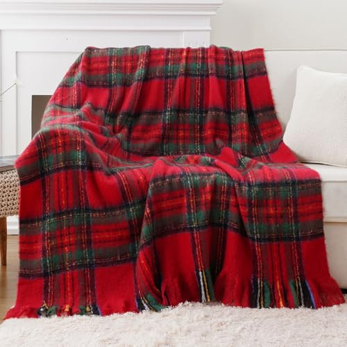 Battilo Christmas Red Plaid Throw Blanket for Sofa Couch Bed, Farmhouse Mohair Plaid Blankets, Soft Cashmere Checkered Pattern Red Christmas Throw Blanket for Home Decor(125x150cm)