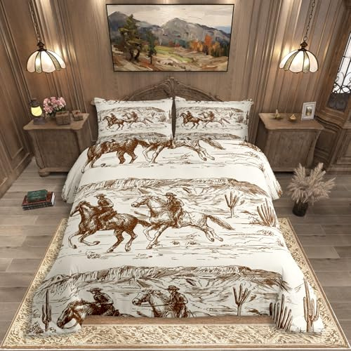 Western Cowboy Bettwäsche Set 135x200cm Wilder Western Wüste Bauernhaus Pferd Bettwäscheset Natürliche Pastoral Dekor Bettbezug Set für Kinder Jungen Mädchen Teenager, Handgezeichnete Muster 2 Teilig