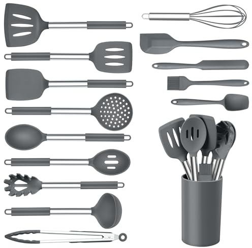 Onader Küchenhelfer Set mit 15 Stück Silikon und Edelstahl Utensilien Spatel Set mit Halter Hitzebeständig & Spülmaschinenfest - Grau