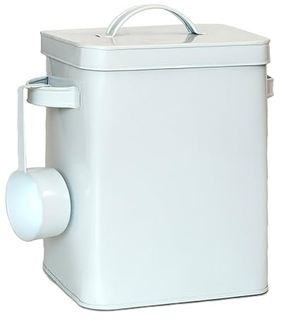 Relaxdays Metallbox, 6,5 l förvaringslåda med doseringshjälp, djurfoder och mat, lufttät, tvättpulverlåda, vit