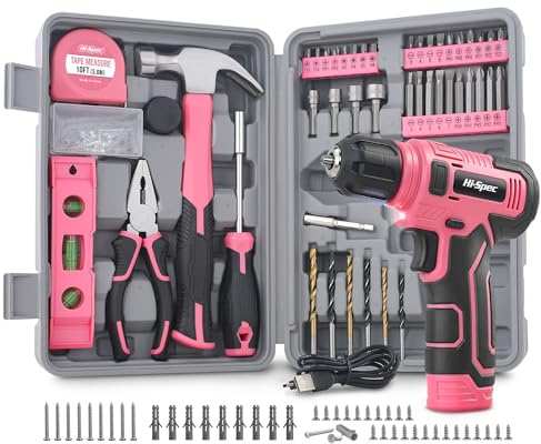 Hi-Spec 8V Cordless Drill Set & Tool Kit for Women – Ladies Complete Rechargeable Electric Power Drill Driver with Starter Tools, Compact Hand Toolbox, Pink, Ideal for Home Projects