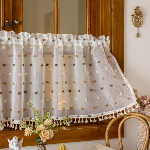 Vordesack Scheibengardine mit bunten Bommel & Quasten HxB 45x100cm Kaffee | Süße Kurzvorhang Küchenvorhang im Boho-Landhausstil Gardine für Küche, Bad und Wohnzimmer Kurzstore mit Stangendurchzug