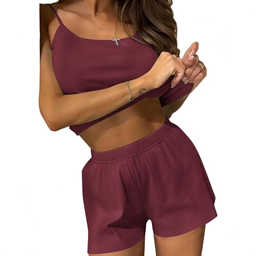 Conjunto de Pijama Mujer 2 Piezas de Estar por Casa Pantalón Corto y Camisola Verano Ropa de Dormir Cómodo Femenina Superior Tirantes Elástico Lencería Set Conjunto Punto Mujer Casual Manga Corto