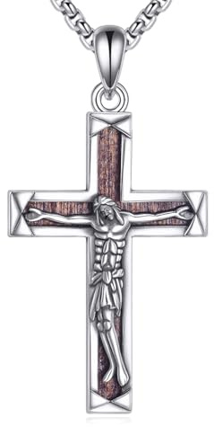 DAYLINLOVE Holz Kreuz Kette 925er Sterling Silber Echtes Ebenholz Schwarzes Jesus/Michael/Abalone Muschel/Rüstung Gottes/Raffael/Fischhaken/Nagel Anhänger Christlich Religiös Schmuck Geschenke Damen