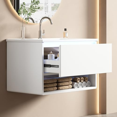 Merax Badezimmerschrank mit Waschbecken, komplett lackiert, LED-Bewegungssensor, 1 Schublade + offenes Fach, leise Schienen für kleine Bäder, Waschtisch mit Ablage, Weiß/76.5x46x45cm