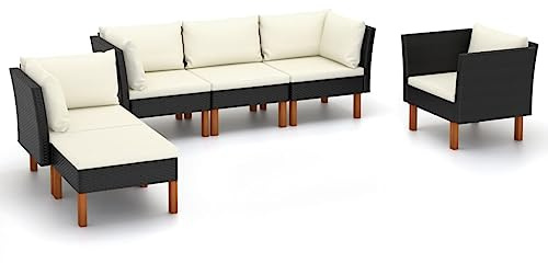 RCODSSK 6-TLG. Garten-Lounge-Set Poly Rattan und Eukalyptusholz Schwarz, Gartensofa Schwarz mit Polsterkissen, Poly Rattan Sofa 3-Sitzer Gartensofa mit Kissen Garten Sofa