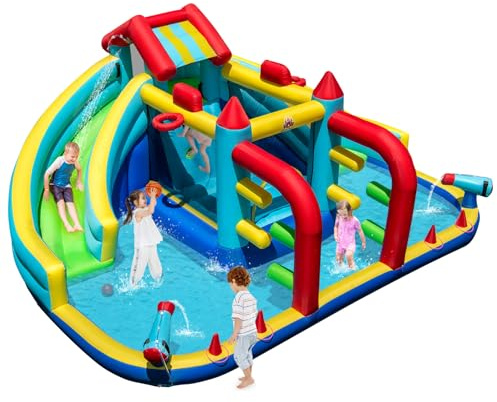 Maxmass Kids Bounce Castle, Inflatable Bounce House with Slide, Climbing Wall, Splash Pool, Trampoline, Water Cannon, Water Park Jumping House Playhouse for Indoor Outdoor (8-in-1 without Blower)
