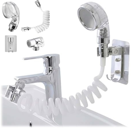 Ensemble de douchette, flexible télescopique de 3 mètres + vanne de dérivation + kit d'accessoires, Douchettelavabo salle de bain, Douchette pourLavabo, Pommeau de douche pour lavabo