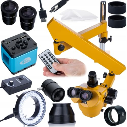 Trinokulärt mikroskop Rosfix Neptune Pro Orange PRO set – stereomikroskop 7–45 x med USB-C 4K-kamera, 0,5 x Barlow-objektiv, LED ringljus 56 lysdioder, armmontering | Precision, elektronik