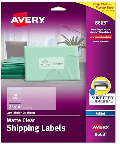 Avery Printable Shipping Labels with Sure Feed, 2 x 4 Customizable Stickers, Matte Clear, 250 Blank Mailing Labels, Great for Mailing, Shipping, and More (8663)