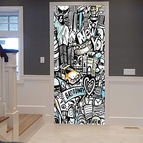 A.Monamour Türtapete Selbstklebend Türfolie Türposter 3D New York Graffiti Kritzeleien Skizze Zeichnung Abstrakte Kunst Vinyl Folie Türdeko Tapete Wandbild Türaufkleber Türtattoo 90 x 200 cm