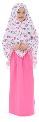 Elanesa Mädchen Gebetskleidung Kinder Islamische Kleidung Kleid Mädchen Zweiteilige Kleider Maxi Skirt, Langer Hijab und Rosenkranz Geschenk Herzen gedruckt