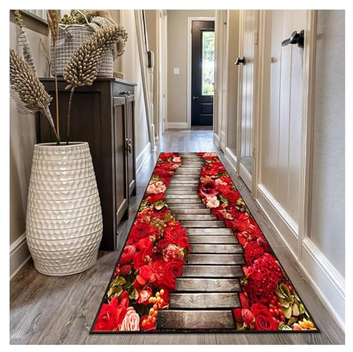 Siunwdiy Teppich Läufer Flur Lang 60x100 cm rutschfest & waschbar – 3D Holzmaserung mit Blumenmotiv in Rot – Küchenteppich, Flurläufer für Korridor, Schlafzimmer, Wohnzimmer – Meterware anpassbar