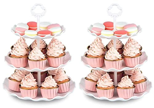 NWK Pack of 2 Large Stable 3-Tier Cupcake Stand Round Shape (White) | Plastic Cake Stand Set, Tiered Serving Tray, Dessert Display Stand, For Wedding, Birthday, Graduation, Afternoon Tea Party