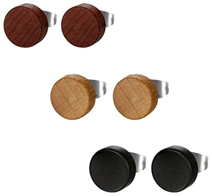 Flongo Holz Ohrstecker Ohrschmuckset, 6 Stück 10mm Stecker kleine runde Ohrringe Kaffee Braun Schwarz Fake Plug Tunnel Piercing Ohrschmuck für Männer Frauen