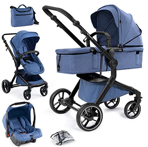 Bergsteiger Lugo 3in1 Kombikinderwagen Komplettset inkl Babyschale | Mobilität ab Geburt dank Babywanne Buggy Aufsatz Sonnenschutz und Wetterfußsack passend für die Isofix Station