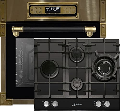Kaiser Herdset EH 6726 AD + KCG 6394 Turbo Romb, Retro Einbau Backofen 80L, Elektro Backofenset – 11 Betriebsfunktionen + Einbau Gas Kochfeld 60 cm, Schwarz Glas, Erdgas/Propangas/Fl.Gas