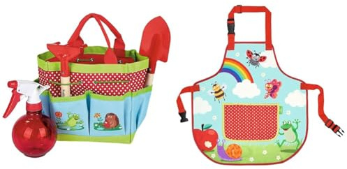 moses. - Krabbelkäfer gefüllte Gartentasche für Kinder, Gartenarbeits-Set mit Tasche, Schaufel, Harke und Sprühflasche & Krabbelkäfer Schürze Regenbogen, niedliche Kinderschürze, 3-6 Jahre