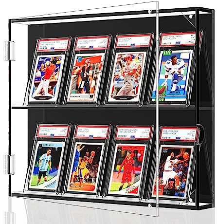 NIUBEE Acrylic Baseball Card Display Case, 8 Graded Card Display Frame Wall Mount with UV Protection Clear View, Sports Card Display Case with Magnetic Door for Football Basketball Hockey, Horizontal