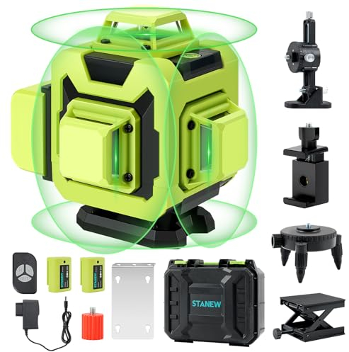 STANEW 4 x 360° Laser Level,Self-Leveling Green Laser Level 4D 16 Line Horizontal and Vertical with Integrated Remote Control Rechargeable Battery 2 x 2400 MAh