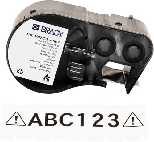 Brady Vinyl-Etikettenband für Etikettendrucker BMP41/BMP51/BMP53/M511 - Klebeetiketten - Schwarz auf Weiß (25,40 mm (B) x 7,62 m (L)) - M4C-1000-595-WT-BK