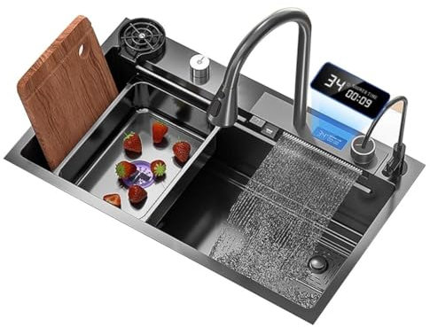 Küchen Digitalanzeige, Wasserfall-Knopf, Auslass, Wassertank Küchenspüle Aus Edelstahl Multifunktionales Spülbecken Auf Dem Balkon Einbauwaschbecken Für Die Bartheke Küchenspülen (Color : Schwarz, S