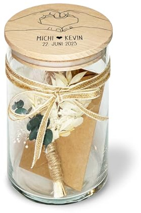 Personalisiertes Geschenk Glas mit Namen und Datum als Hochzeitsgeschenk Geldgeschenk optional mit Karte und Trockenblumen Vorratsglas (Typ 6)
