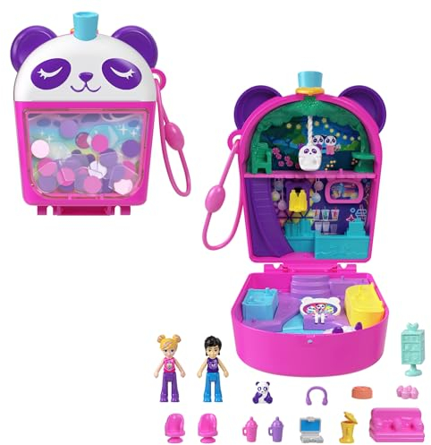 Polly Pocket-Puppen und Spielset, Bubble Tea-Pandaschatulle, tierisches Spielzeug mit 2 kleinen Puppen, Panda und Lebensmittel-Zubehörteilen, HWN95