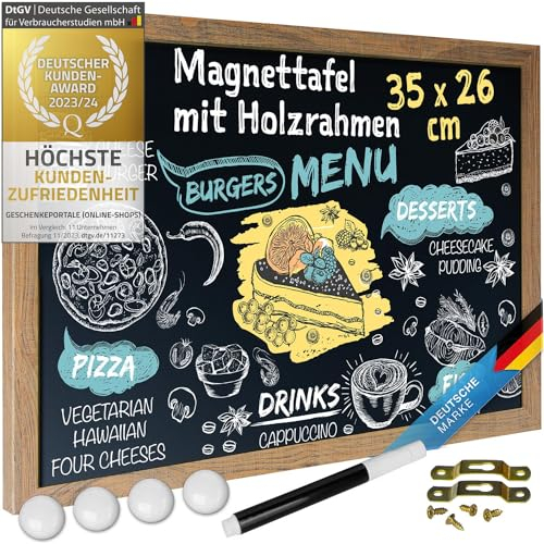 Magnetische Kreidetafel Schreibtafel Magnet-Tafel zum Aufhängen Schiefertafel mit Holz-Rahmen; Wandtafel inkl. Kreidestift & Magnete (Kompakt - 26 x 35 cm)