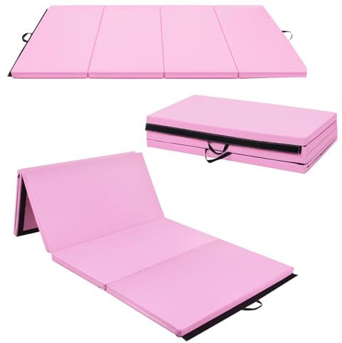 GYMAX Gymnastikmatte klappbar, rutschfeste & reißfeste Weichbodenmatte mit Kunstleder-Bezug & 2 Tragegurten, Fitnessmatte aus 4 Teilmatten für Yoga, Pilates & Workout, 240 x 120 x 5 cm