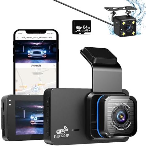 Dashcam Auto 1296P Vorne Full HD Dash Camera Auto 64G SD Karte,3.0 IPS-Bildschirm Dual Kamera mit WiFi,GPS,480P Hinten,Loop-Aufnahme,140°Weitwinkel,APP-Steuerung,Rückfahrhilfe,Nachtsicht,Max 128GB