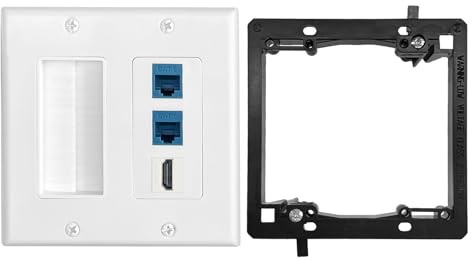 Placca da parete a 2 vie, Ethernet a 2 porte e 1 porta HDMI, Cat6 RJ45 Keystone Jack blu con staffa di montaggio a bassa tensione per cavi altoparlanti, Ethernet, HDMI, coassiale, cavi di