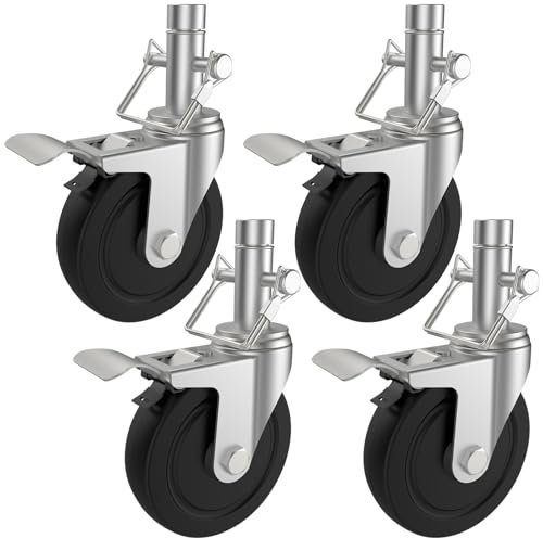 5 Inch Scaffolding Wheels Set of 4, Scaffold Caster with Dual Locking Brakes, Heavy Duty 400LBS Capacity Per Rubber Casters 1 Inch Round Stem Replacement Swivel Caster Wheels for Scaffolding