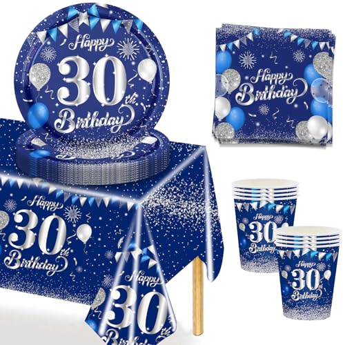MORAINJAY 37 Stück 30 Geburtstagsdeko Partygeschirr Set,30. Blau Silver Tischdeko Geburtstag mit Tischdecken,Pappteller,Servietten für Geburtstagsdeko Mann/Frau Partys 16 Gäste 7 Zoll