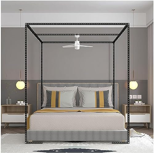 Bettrahmen aus Metall mit 4 Ecken, verstellbarer Vorhang, Betthimmel, Stangen, Edelstahlrahmen für Schlafzimmer, Dekoration, Schwarz, Doppelgröße
