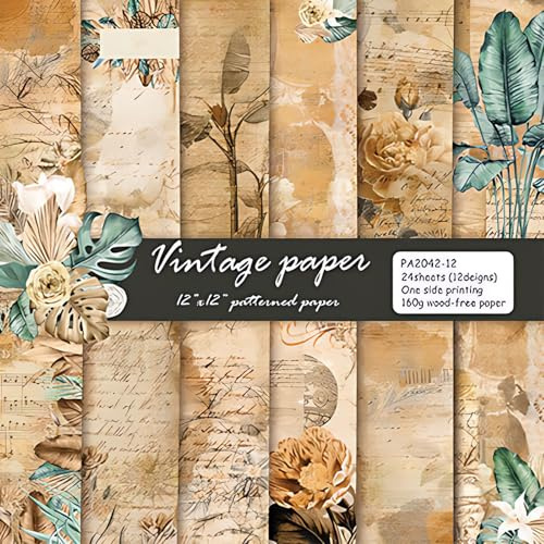 MerwDeeyt 24 Sheets Vintage Scrapbook Paper 12x12 Inch Single-Sided Decoupage Papers Scrapbooking Paper Patterned Decorative Papers for DIY Card Making Wrap Decoration