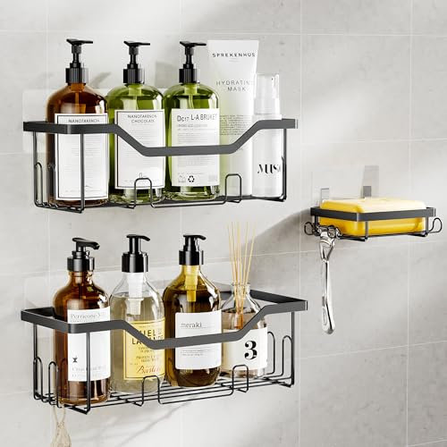 TIDIIABODE Shower Caddy No Drill,Stainless Steel Adhesive Bathroom Shelf Organiser Wall Mounted Shower Rack with Soap Razor Holder 3 Pack,Black