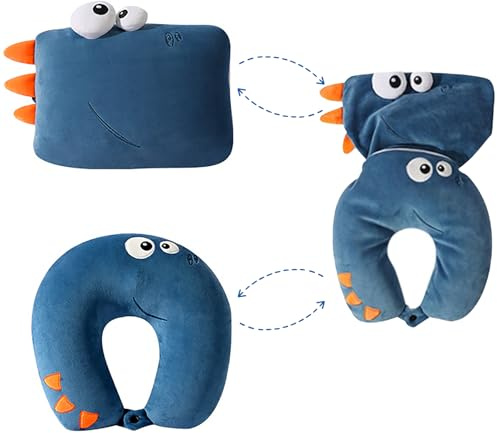 Nackenkissen Kinder - 2 in 1 Nackenhörnchen Kinder, Verformbares Nackenkissen, U-förmiges Kissen Umwandelbar Plüschtieren für Erwachsene, ReisekissenKinder für Flugzeug, Auto und Reisen, Blau