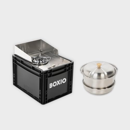BOXIO - COOK Plus: Campingkök, startset med förvaringsutrymme, vindskydd och campingkrukset, gaspatroner campingkök för camping, utomhus, Vanlife och som patronkokare