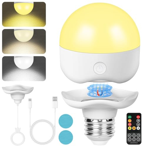 HOTUT Wiederaufladbare Glühbirne, LED Akku Glühbirne mit Magnetsockel E27, Haken und Fernbedienung, 3 Farben Dimmbare, Timing, Kabellose lampen Ohne Strom für Notbeleuchtung und Dekoration