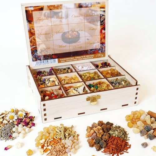 Räucherbox Jahreskreis 12er Räucher-Set, Raunächte Set - Räucherwerk, Kräuter und Harze im Holzkästchen mit Anleitung – für spirituelle Rituale & Rauhnacht - ohne Räucherschale